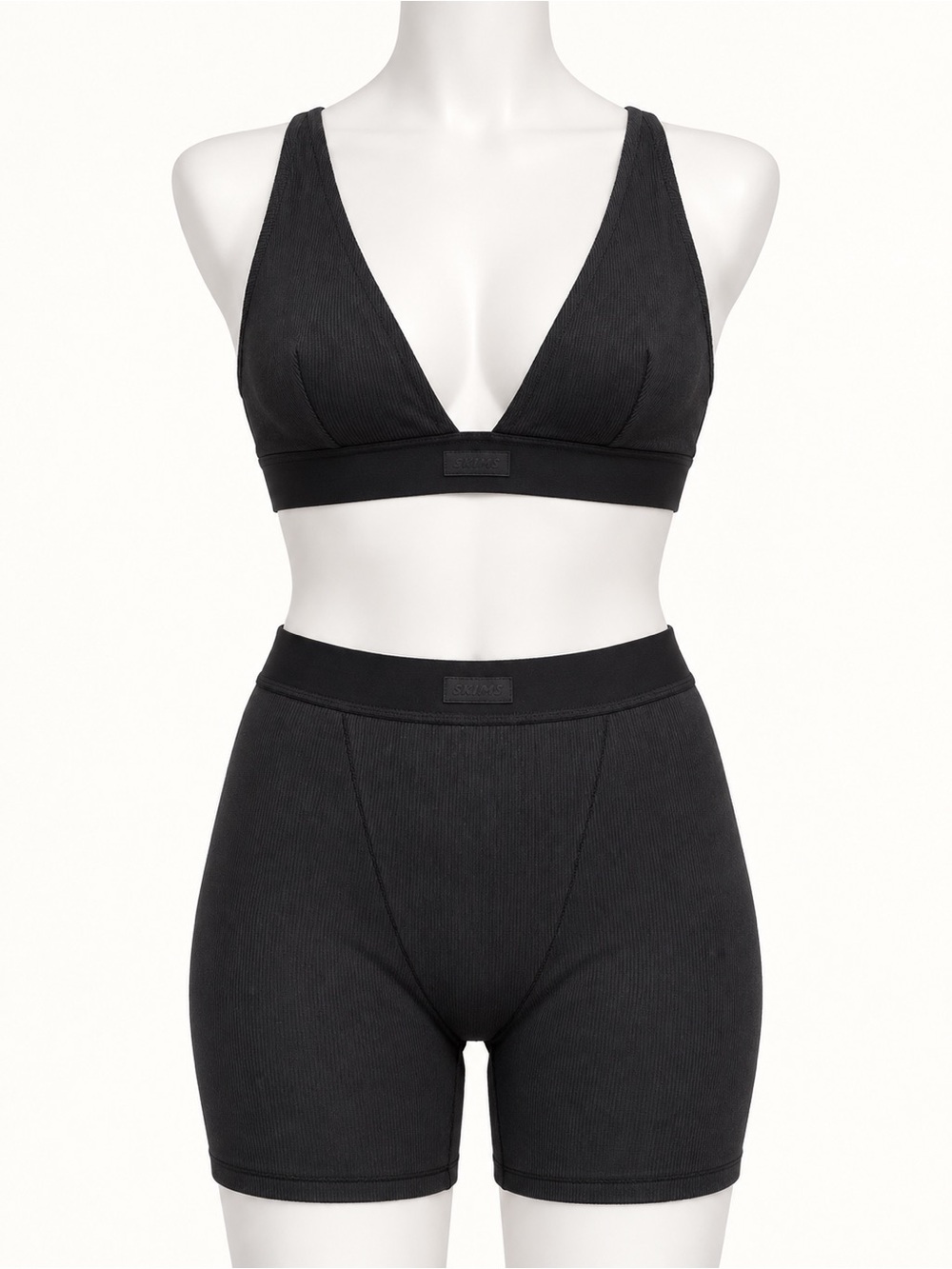 SKIMS Black Ribbed Triangle Bralette & High-Waist Ribbed Shorts Set